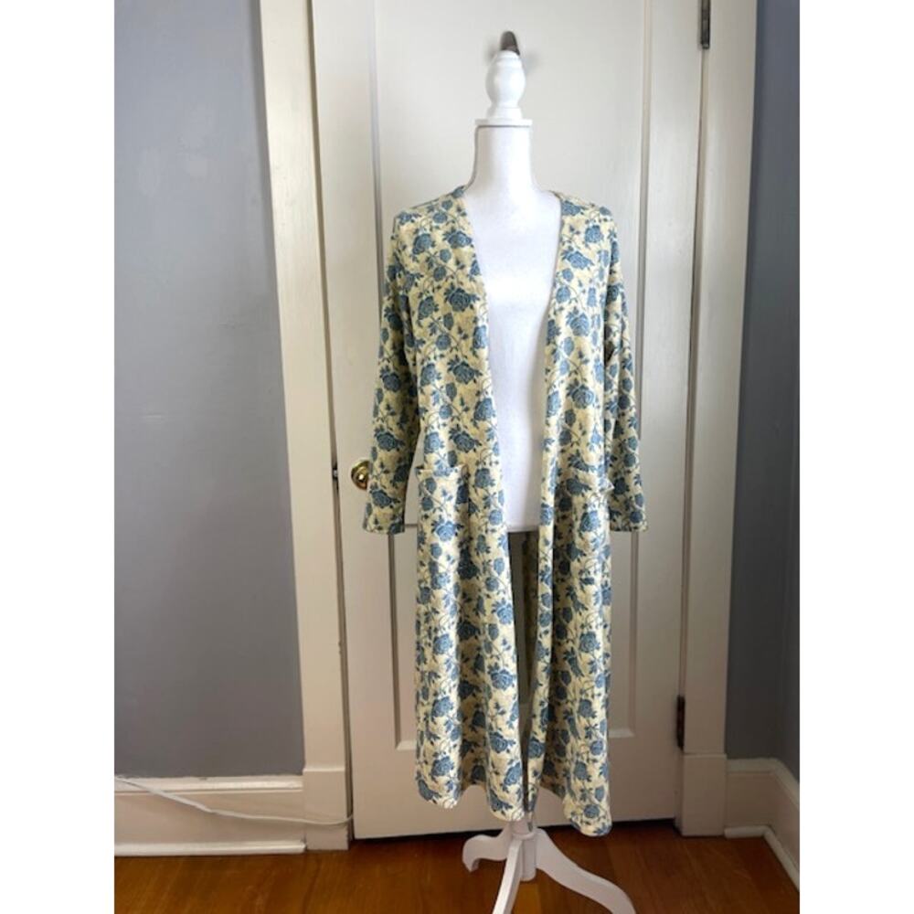LuLaRoe Blue Rose Duster Cardigan Cream Floral Open Front Size Large